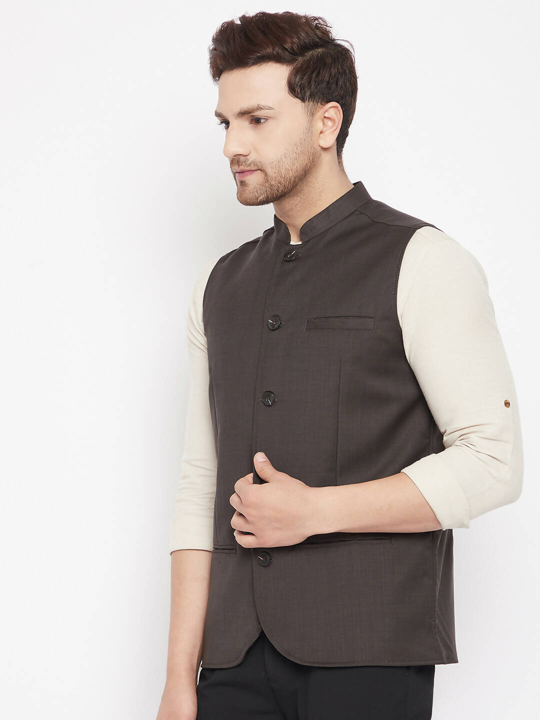 Even Apparels Brown Merino Men Woven Nehru Jacket | Swadesiicart