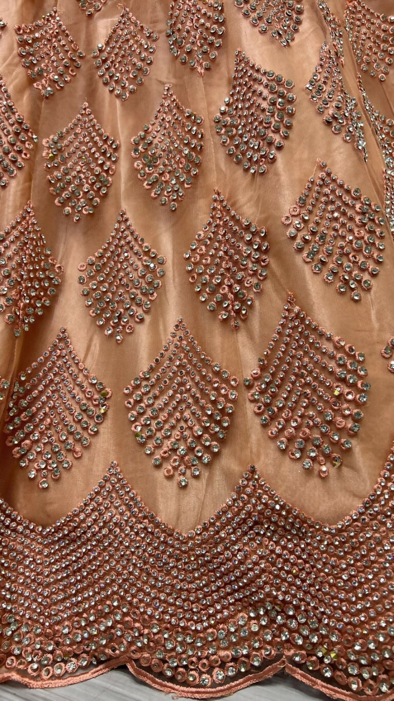 Jyoti Fashion Women's Peach Bridal Net Fancy Dori & Multi Thread Embroidered with Zircon Diamond Work Wedding Lehenga Choli | Swadesiicart