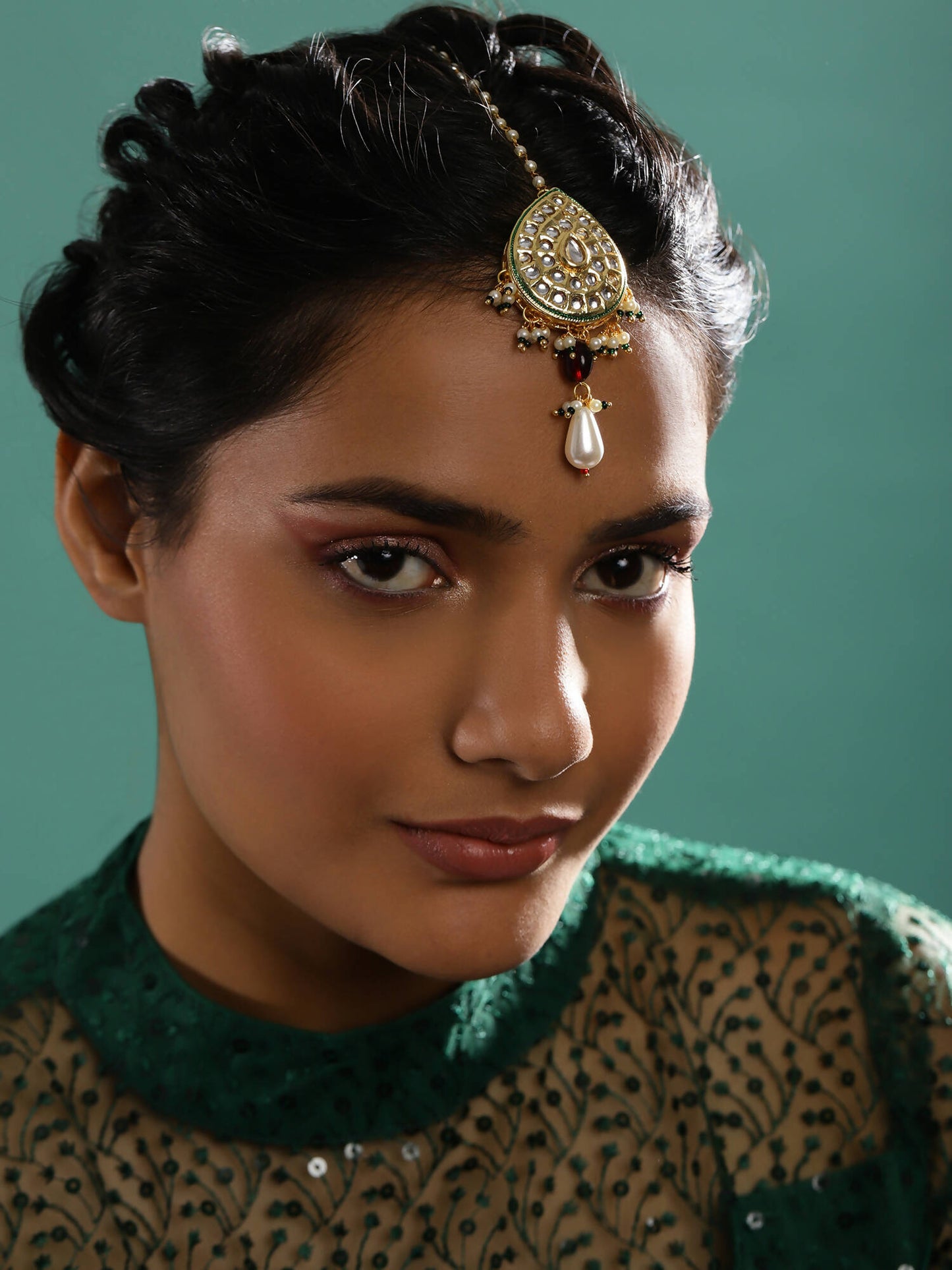 Gold-Polished White Green Kundan-Studded Pearl Beaded Maang Tikka - Ruby Raang | Swadesiicart