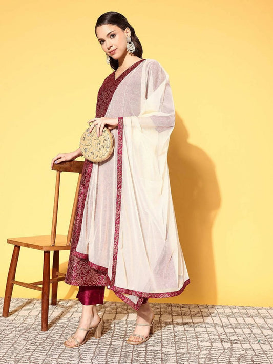Ahalyaa Women's Wine Colour Poly Silk Gold Paste Printed Kurta Pant Set | Swadesiicart