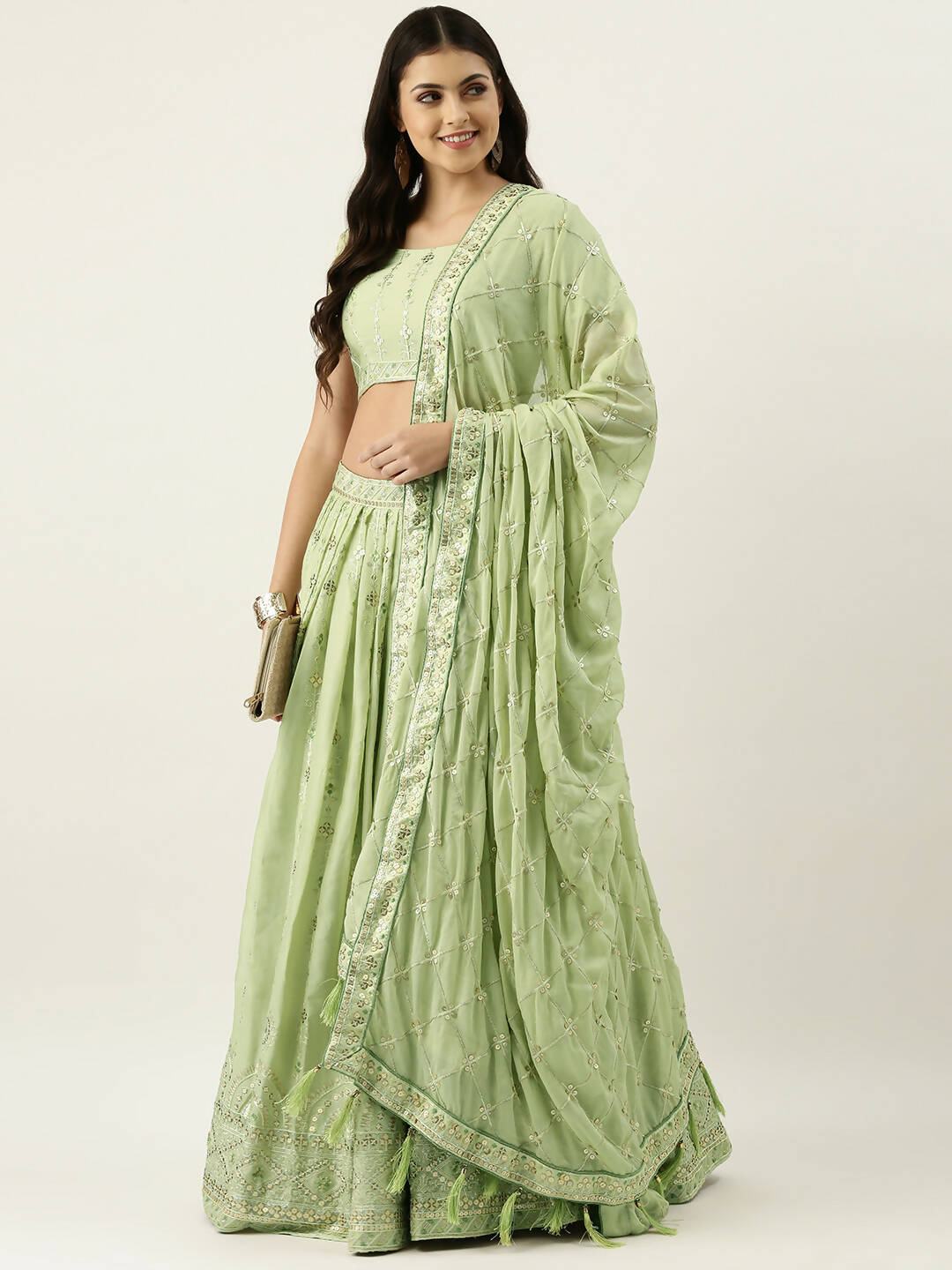 House of Panchhi Pista Green Pure Georgette Embroidered Lehenga & Blouse, Dupatta | Swadesiicart