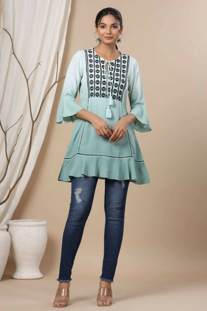 Juniper Sage Green Rayon Festive Embroidered Tiered Tunic For Women | Swadesiicart