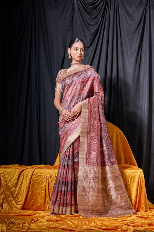Vishnu Weaves Women's Maroon Tussar Silk Zari Woven Saree with Blouse - Swadesiicart