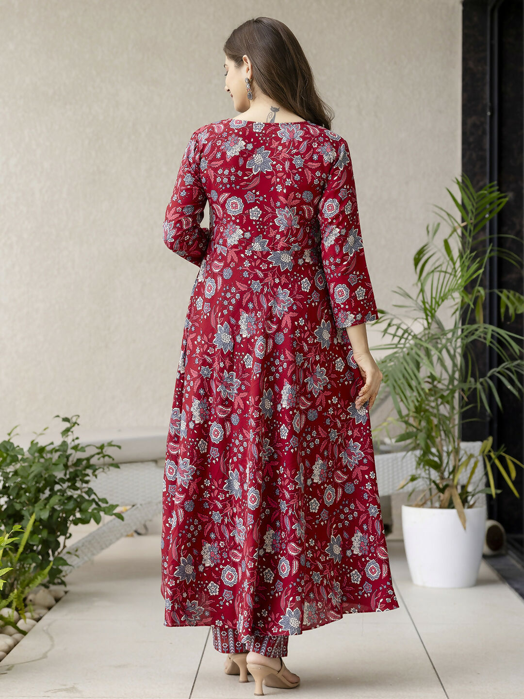 The52 Maroon Women's Gorgeous Rayon Fabric Printed Work Flared Kurta, Pant and Dupatta Set - Swadesiicart
