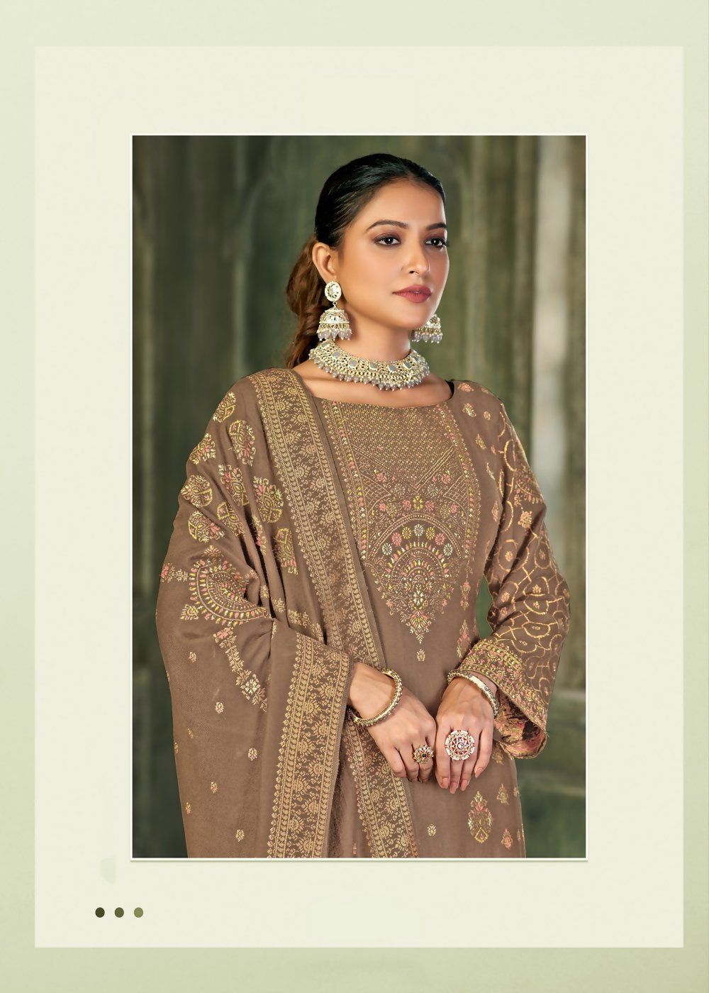 Beige Viscose Pasmina Mina Work Kurta & Bottom with Dupatta - Natasha
