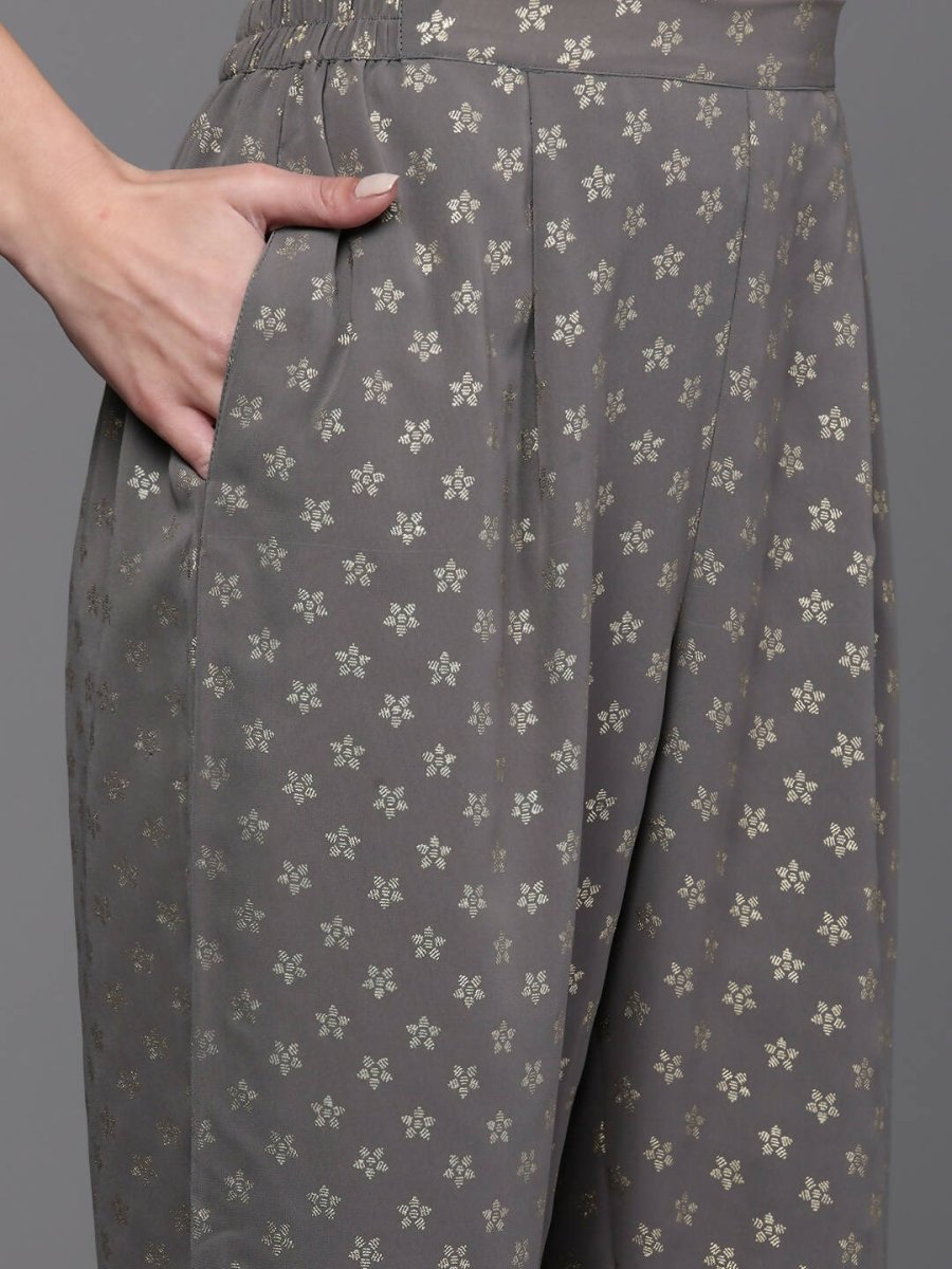 Ahalyaa Women Ethnic Motifs Printed Pleated Sequinned Kurta with Trousers - Grey Color | Swadesiicart