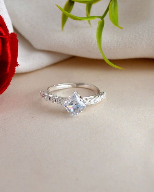 VOJ white CZ-detail Stainless Steel Cubic Zirconia Silver Plated Adjustable Finger Ring | Swadesiicart
