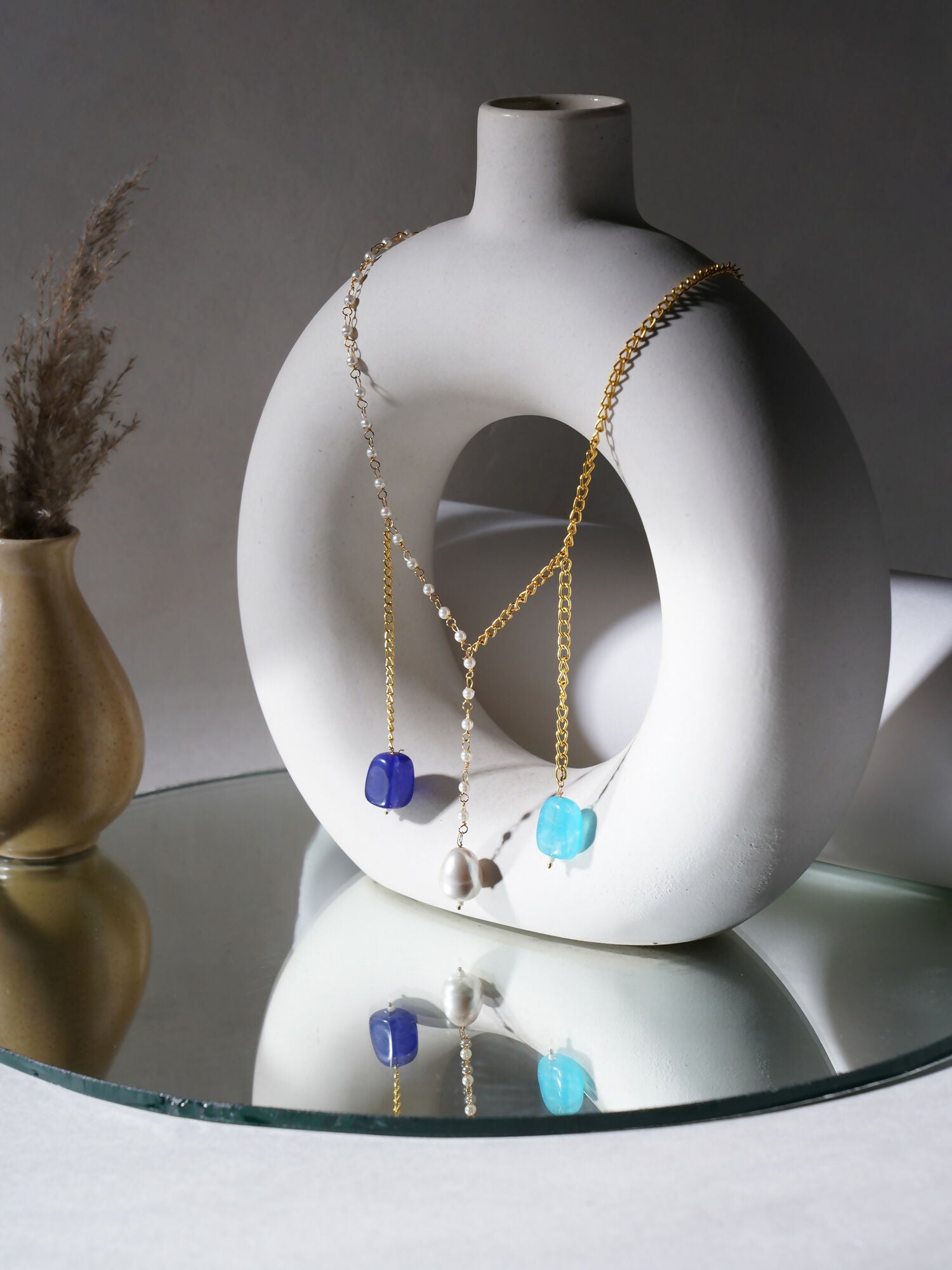 Long Pearl and Gold Chain Neckpiece (Gold) - Ruby Raang | Swadesiicart