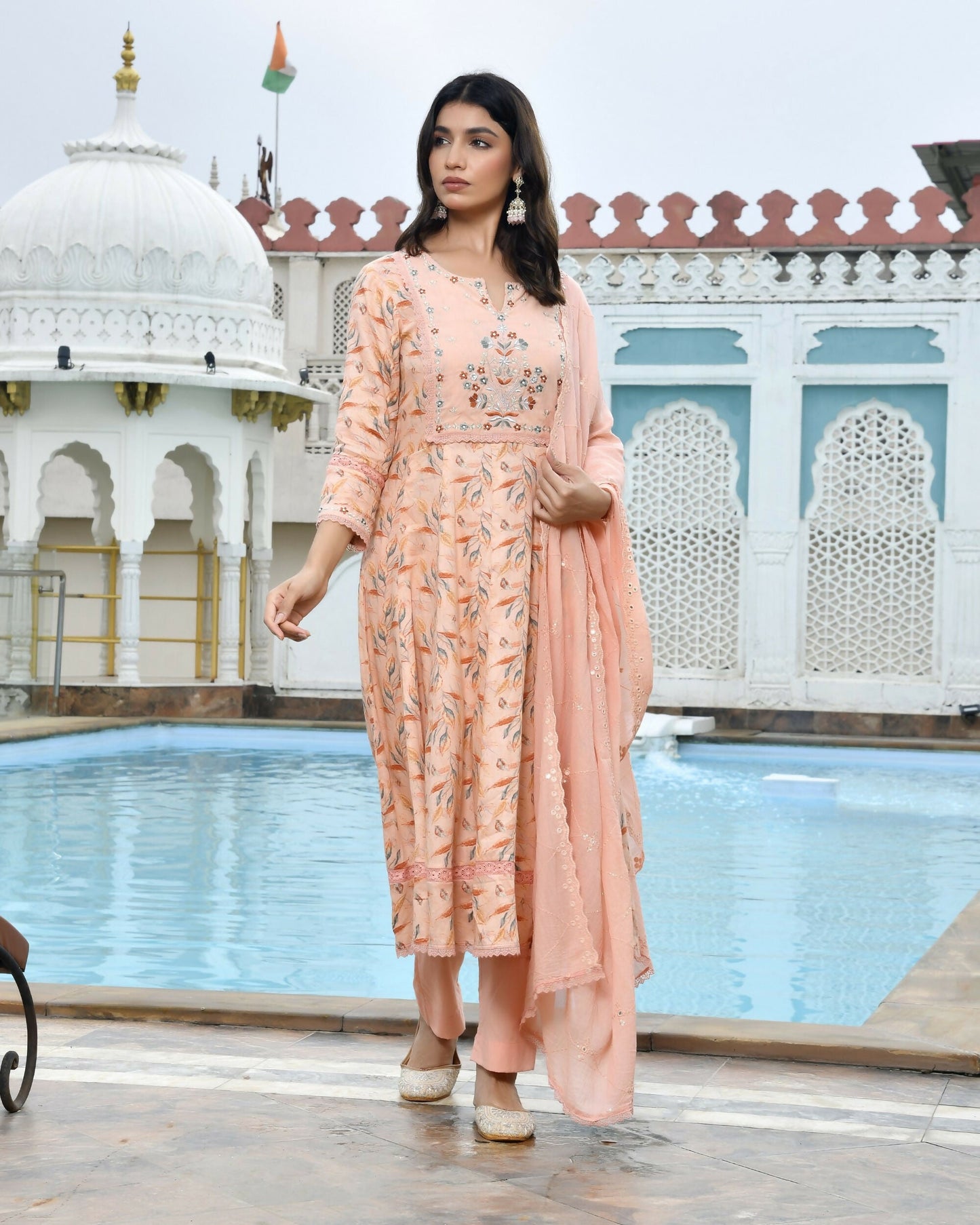 Vaasva Women's Peach Cotton Anarkali Set With Solid Pant And Embroidered Dupatta | Swadesiicart