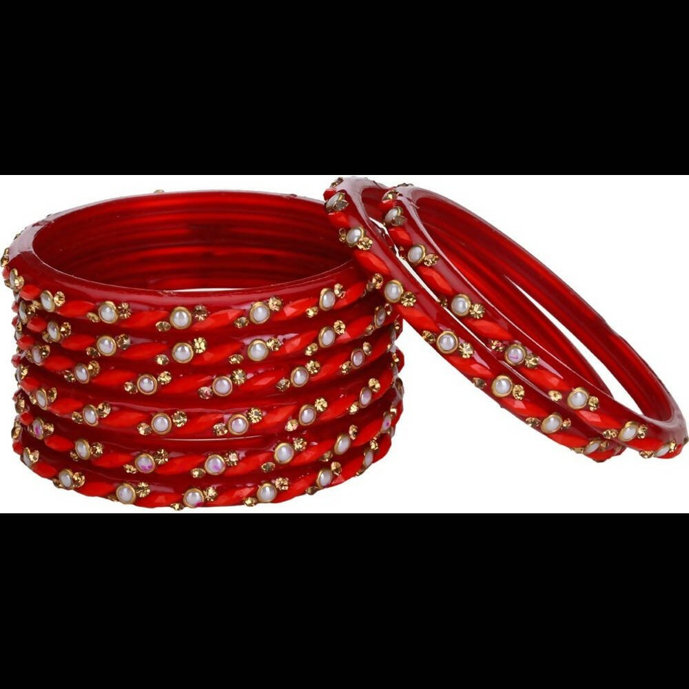 Afast Bridal Wedding & Party Fashionable Colorful Glass Bangle/Kada Set, Pack Of 16 - Red - Swadesiicart