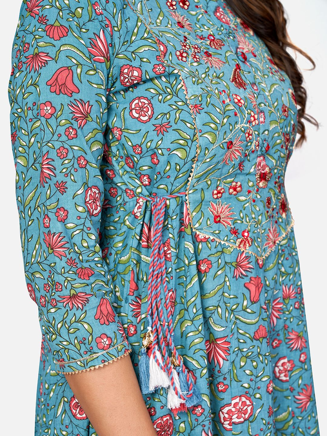 NOZ2TOZ Women's Printed & Embroidered Anarkali Cotton Turquoise Kurta (1Pc) - Swadesiicart