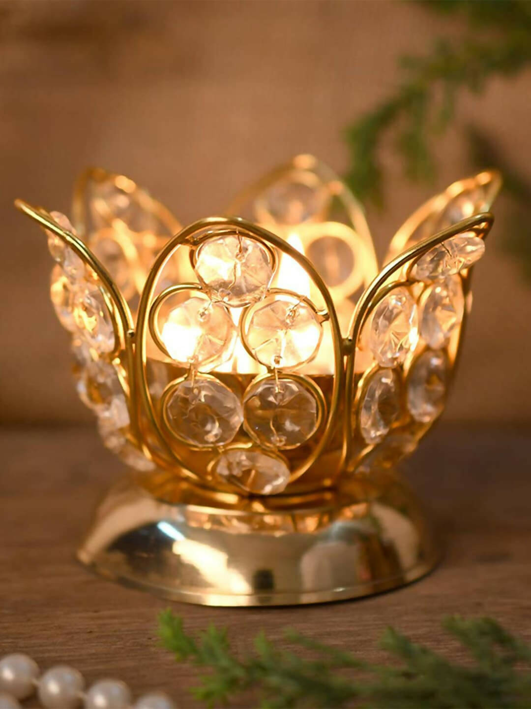 CraftVatika Gold Toned Crystal Lotus Shaped Diya | Swadesiicart