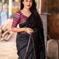 Black Pure Linen Ethnic Motifs Saree with Unstitched Blouse - Hiral Fashion | Swadesiicart