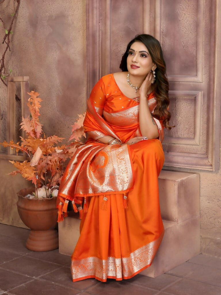 Anaita Dark Orange Banarasi Silk With Beautiful Gala Weaving Saree With Blouse | Swadesiicart