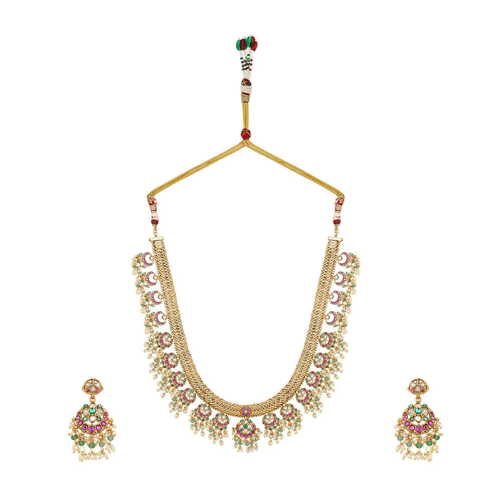 Nuyug 18K Gold Plated Estele Gold Tone Beaded Long Necklace Set | Swadesiicart