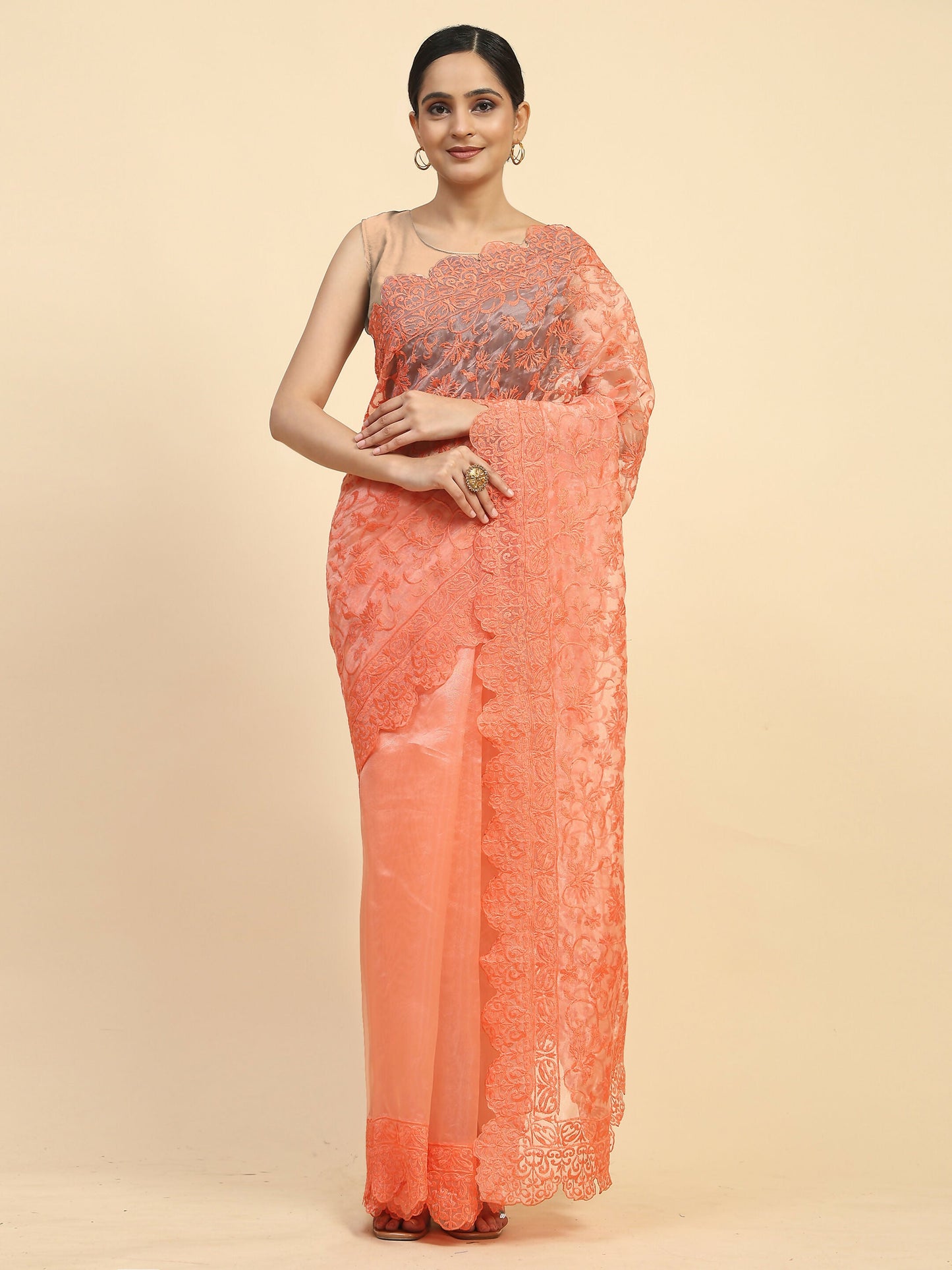 Vamsee Sujal Orange Organza Saree - Swadesiicart