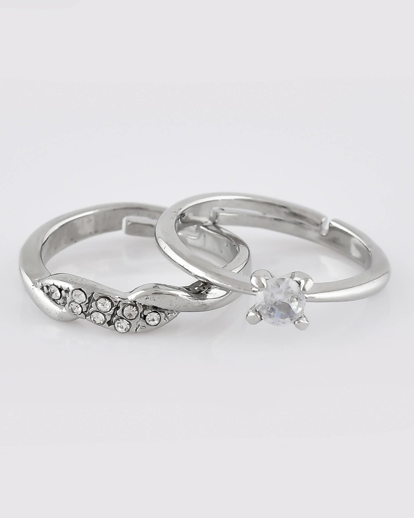 VOJ Stainless Steel Cubic Zirconia Silver Plated Adjustable Ring Set for Couple | Swadesiicart