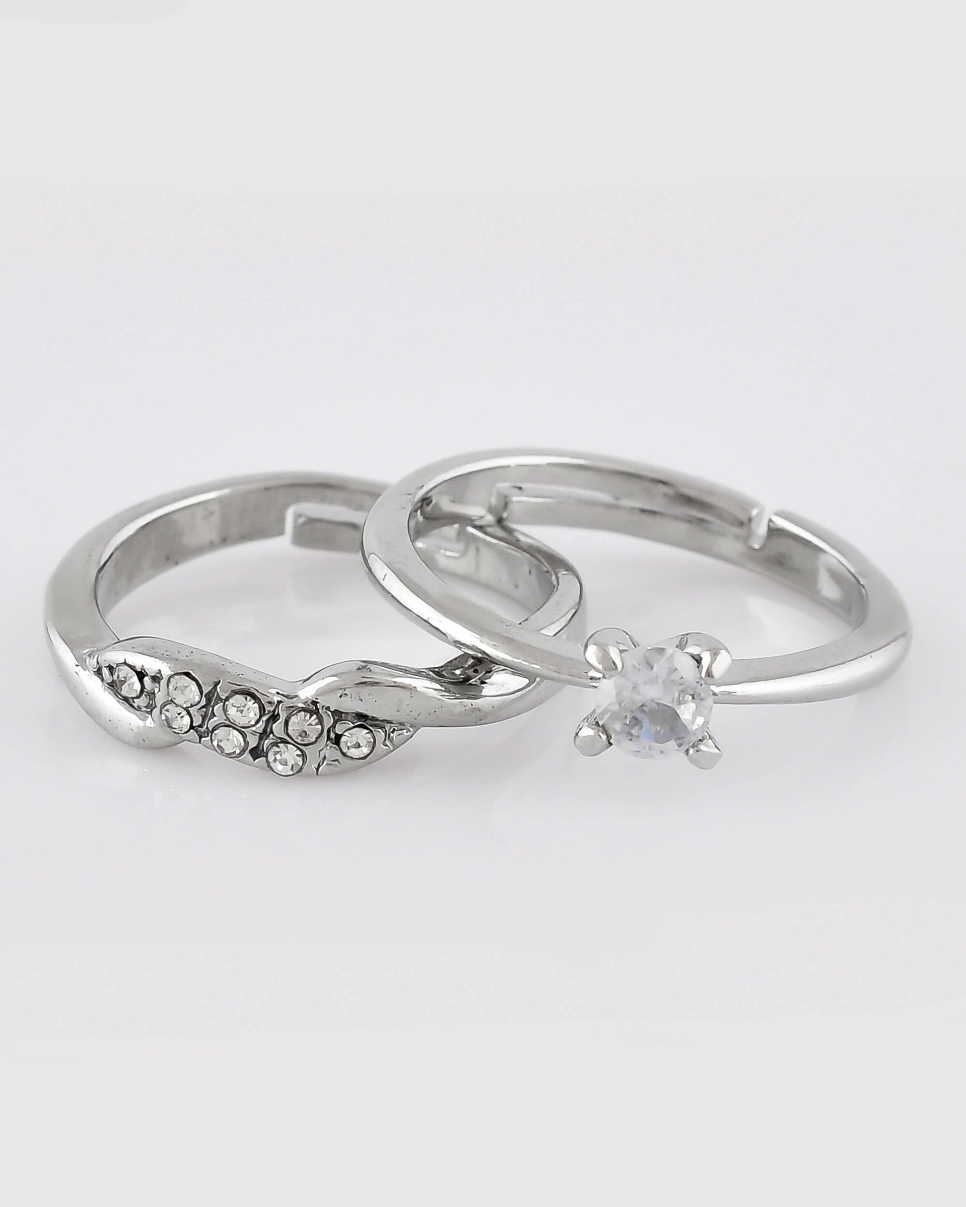 VOJ Stainless Steel Cubic Zirconia Silver Plated Adjustable Ring Set for Couple | Swadesiicart