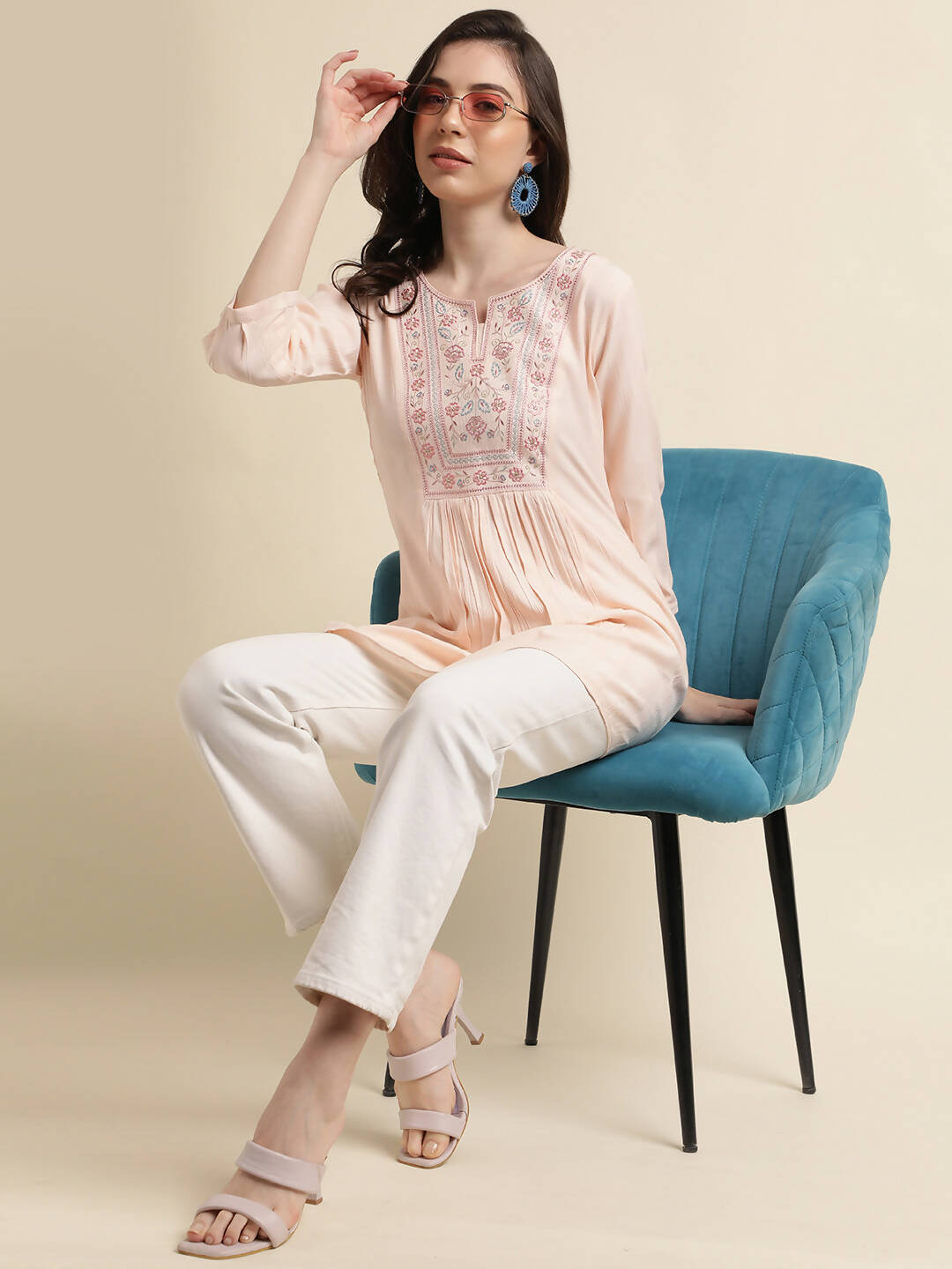 Peach Viscose Rayon Yoke Embroidered A-line Top - Tarini - Swadesiicart