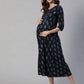 Anubhutee Navy Blue Ethnic Motifs Maternity A-Line Midi Dress | Swadesiicart