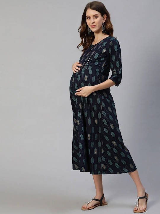 Anubhutee Navy Blue Ethnic Motifs Maternity A-Line Midi Dress | Swadesiicart