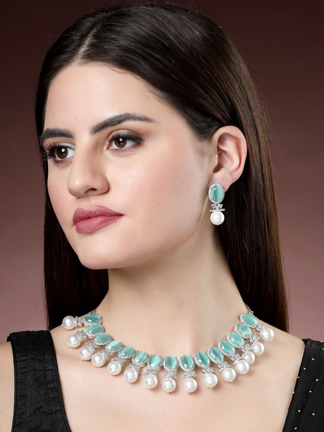 NVR Women's Silver-Plated Green American Diamond Studded Handcrafted Jewellery Set - Swadesiicart
