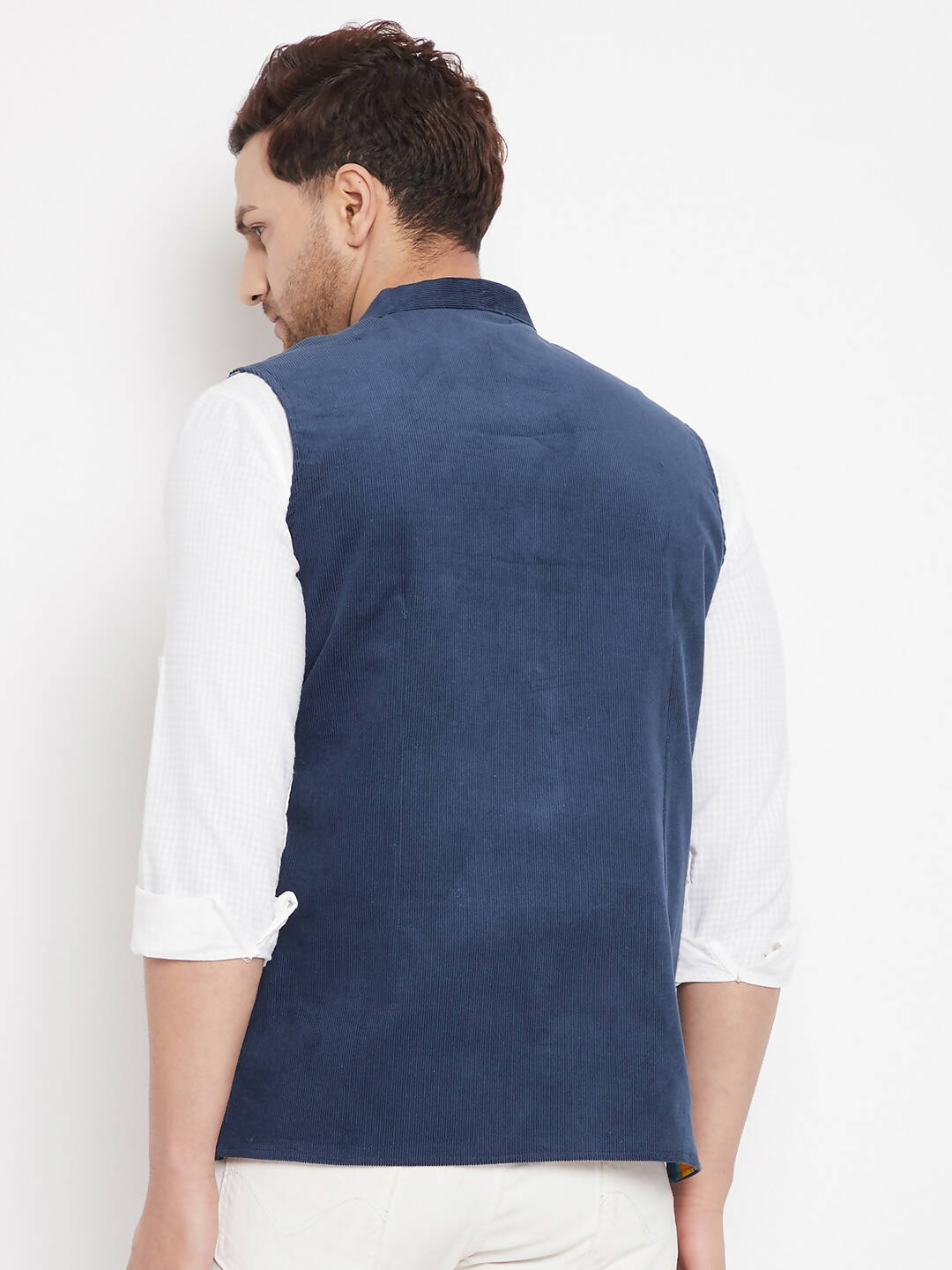 Even Apparels Blue Polyester Men's Nehru Jacket-Contrast Lining-Inbuilt Pocket Square | Swadesiicart