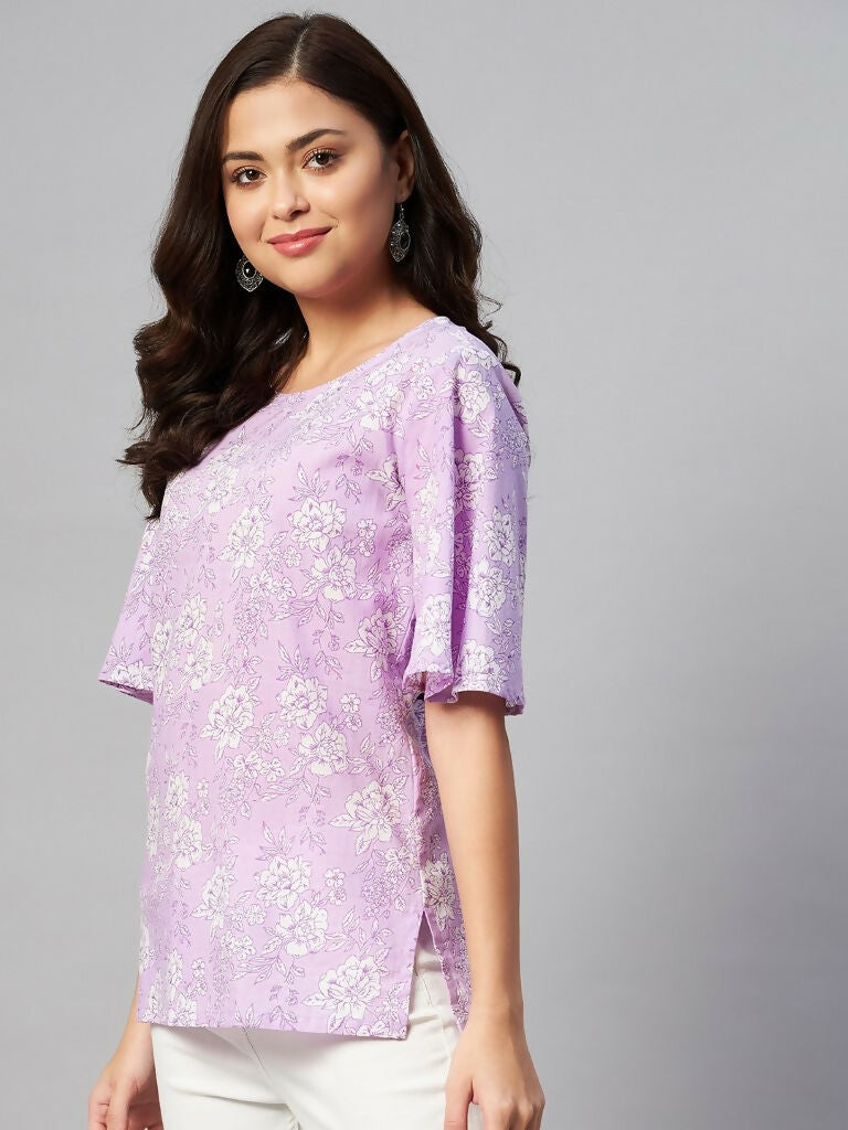 Miravan Women's Lavender-Coloured Bell Sleeve Floral Print Kurti - Swadesiicart