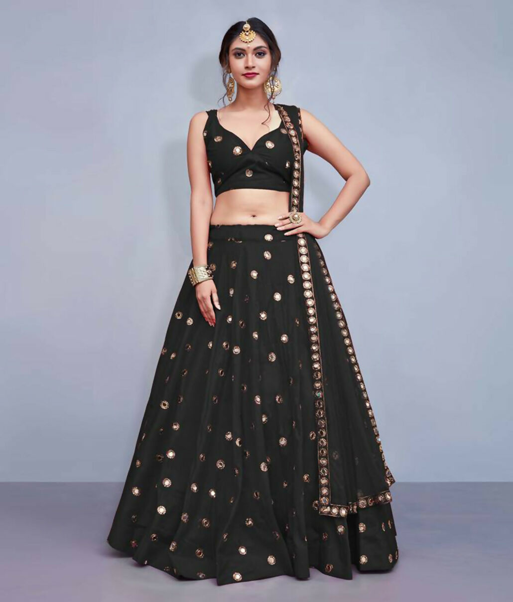 Jyoti Fashion Beautiful Black Embroidered with Mirror work Art Silk Party Wear Lehenga Choli with Dupatta | Swadesiicart