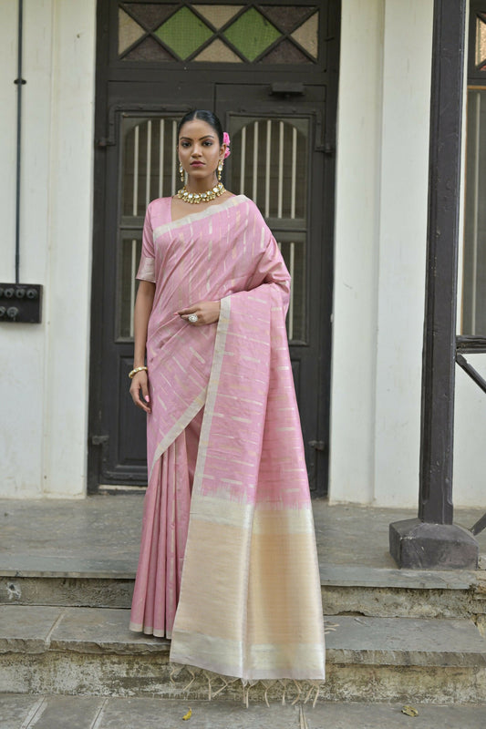 Vishnu Weaves Women's Pink Premium Tussar Silk Saree with Blouse - Swadesiicart