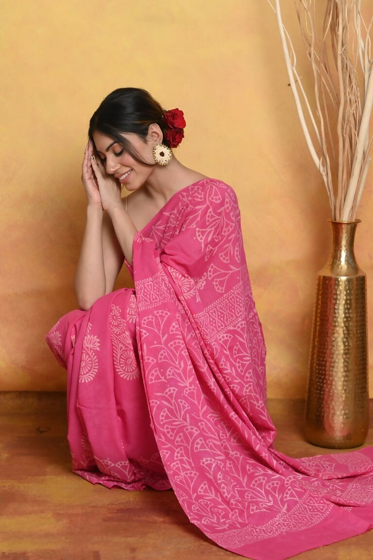 Very Much Indian Handblock Printed Cotton Saree With Natural Dyes - Pink | Swadesiicart