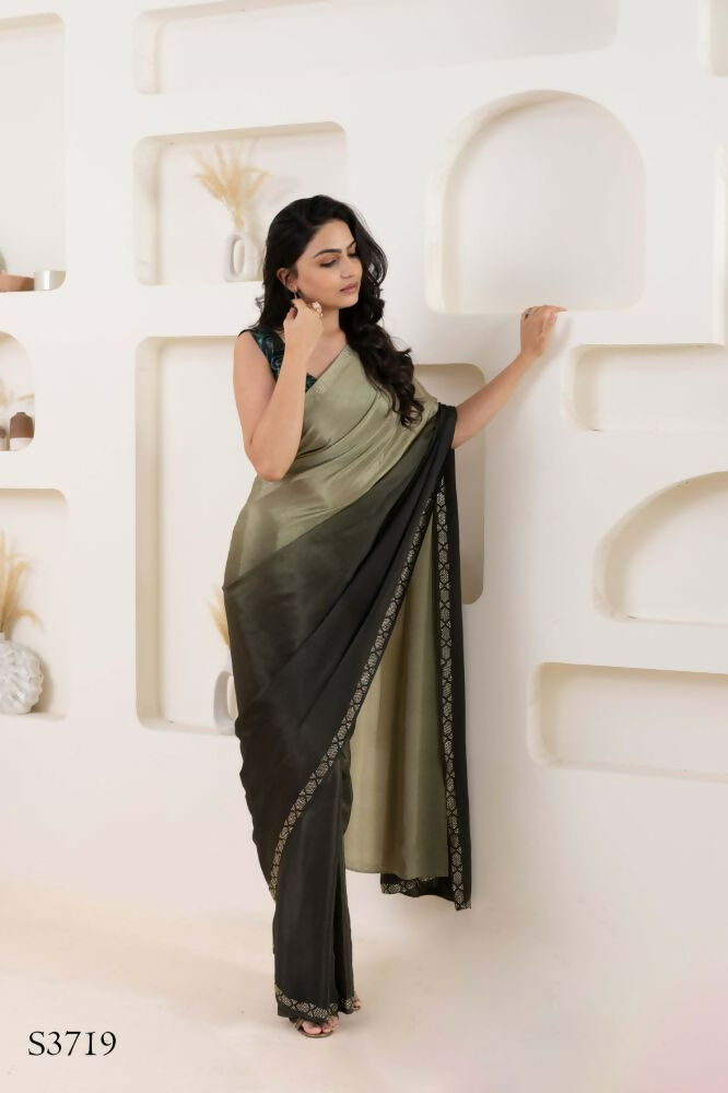 Grey Satin Pedding Designer, Printed Party Wear Ready To Wear Saree - Femina | Swadesiicart