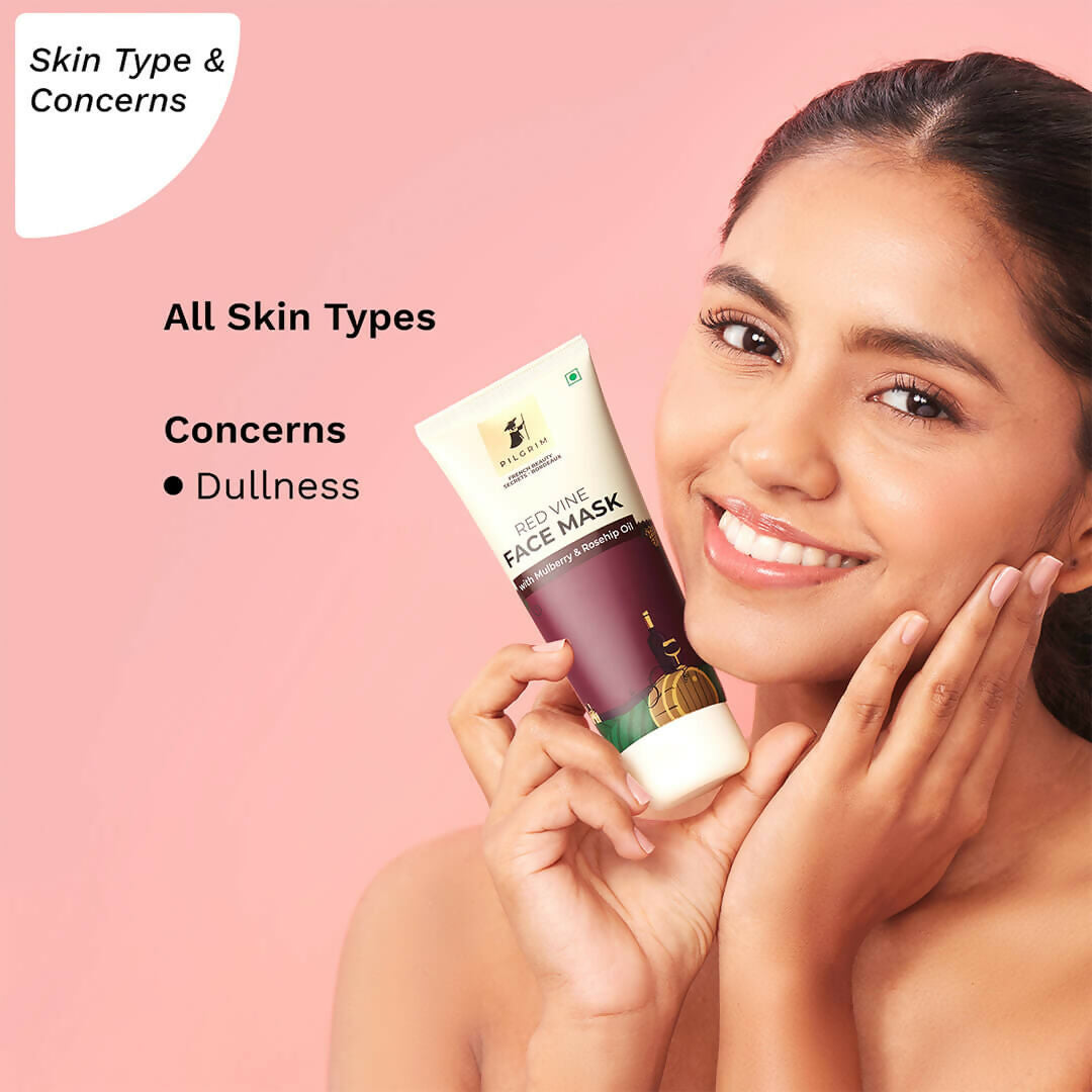 Pilgrim Anti Ageing Red Vine Face Mask with Mulberry Extracts & Rosehip Oil For Glowing Skin, De-Tan, Dark Spots, Blackheads Removal - Swadesiicart
