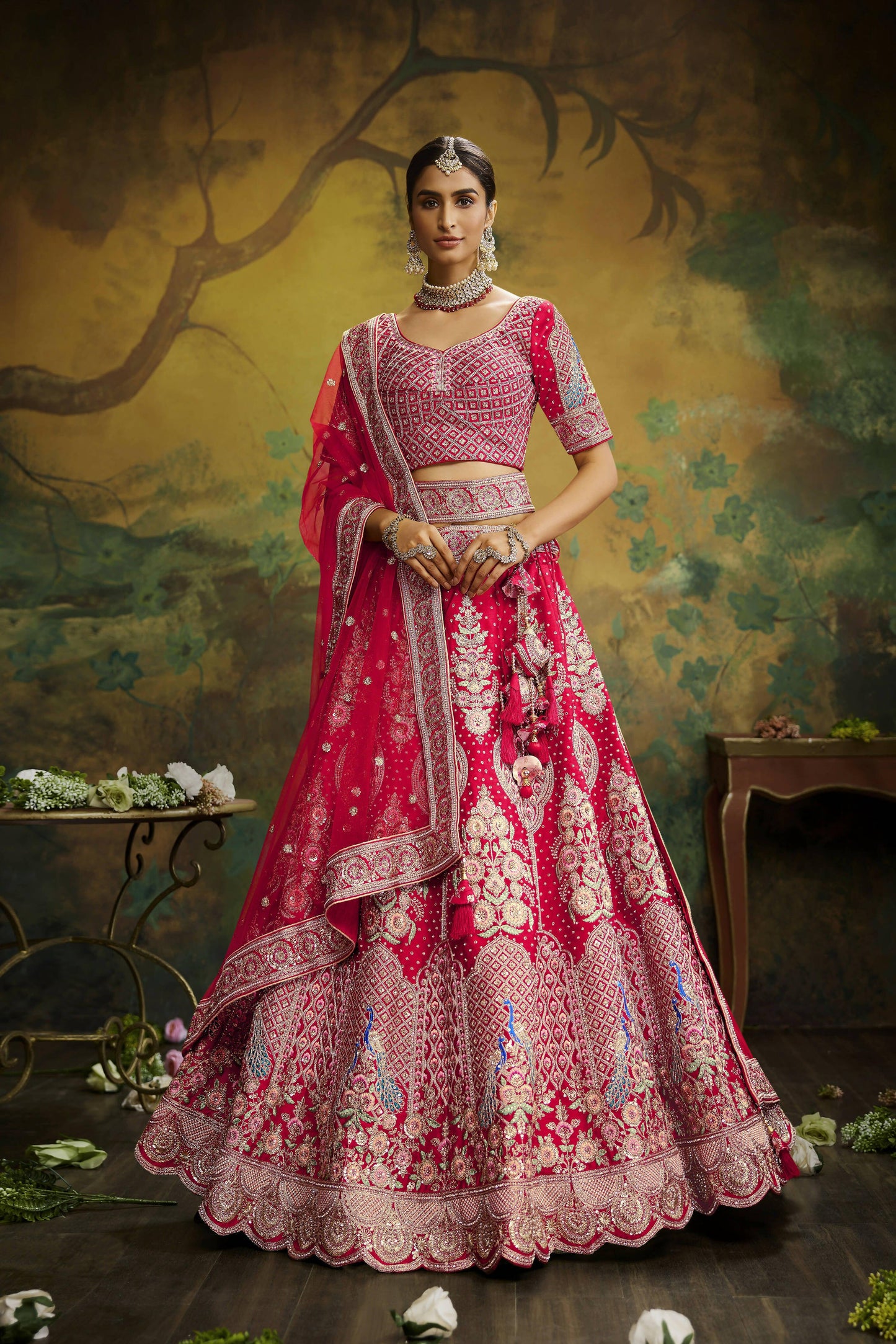 House of Panchhi Red Pure Silk Moti & Zarkan heavy embroidery Lehenga choli & Dupatta | Swadesiicart
