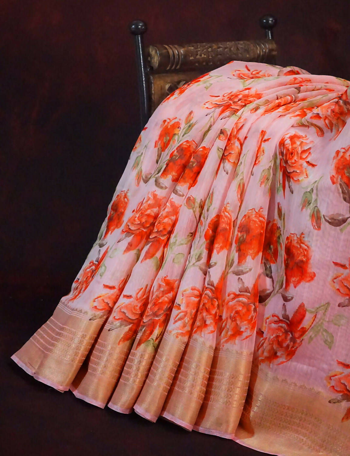 Shades Of Baby Peach With Floral Design Semi Chanderi Saree By Gayathri Reddy Designer Studio | Swadesiicart