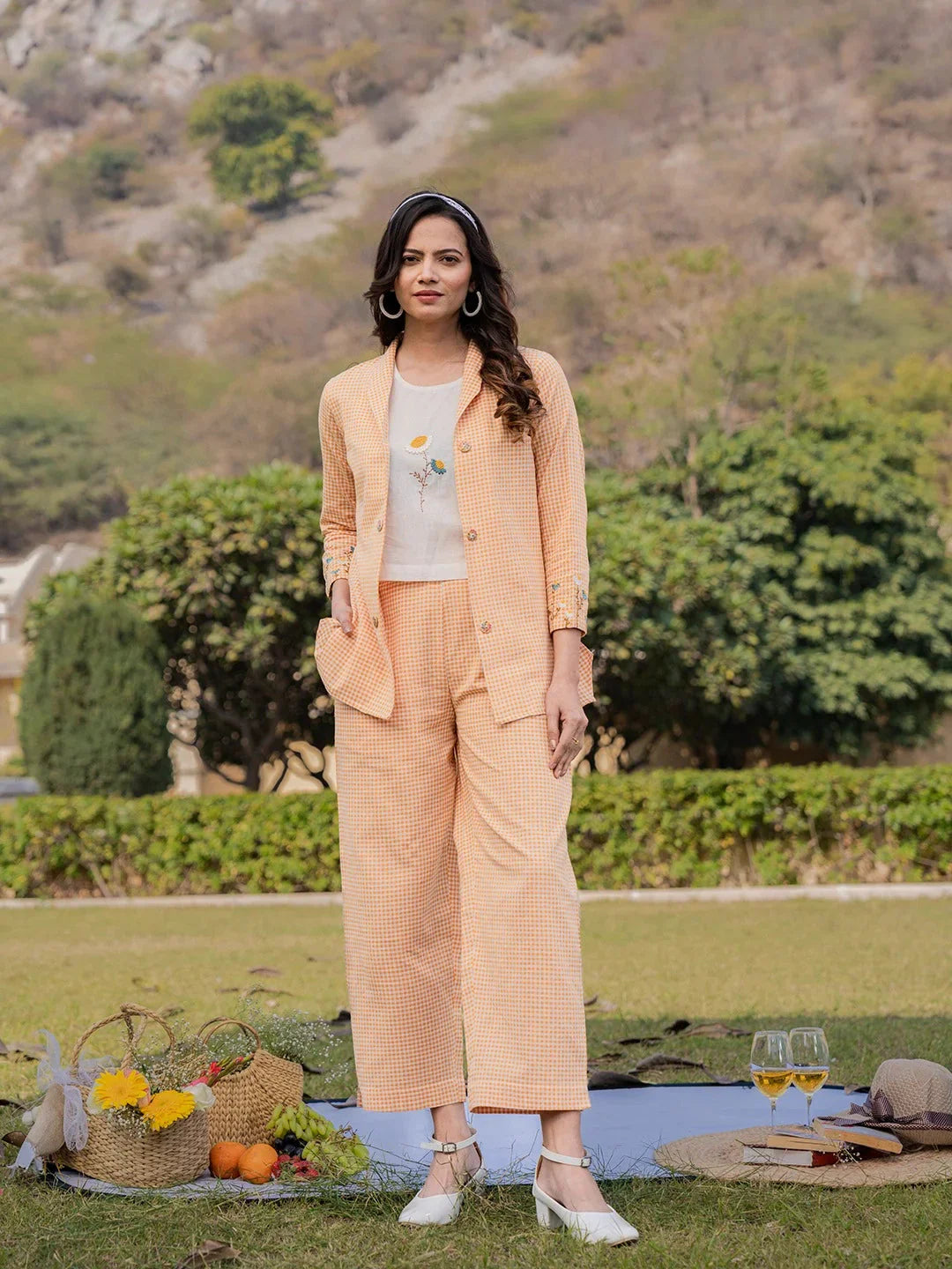 Yufta Weaved Cotton Checks Printed Co Ord Set With Embroidery - Swadesiicart