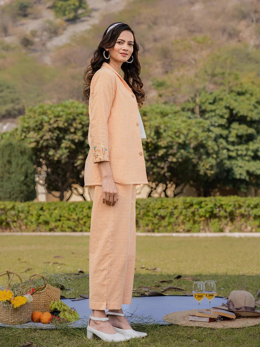 Yufta Weaved Cotton Checks Printed Co Ord Set With Embroidery - Swadesiicart