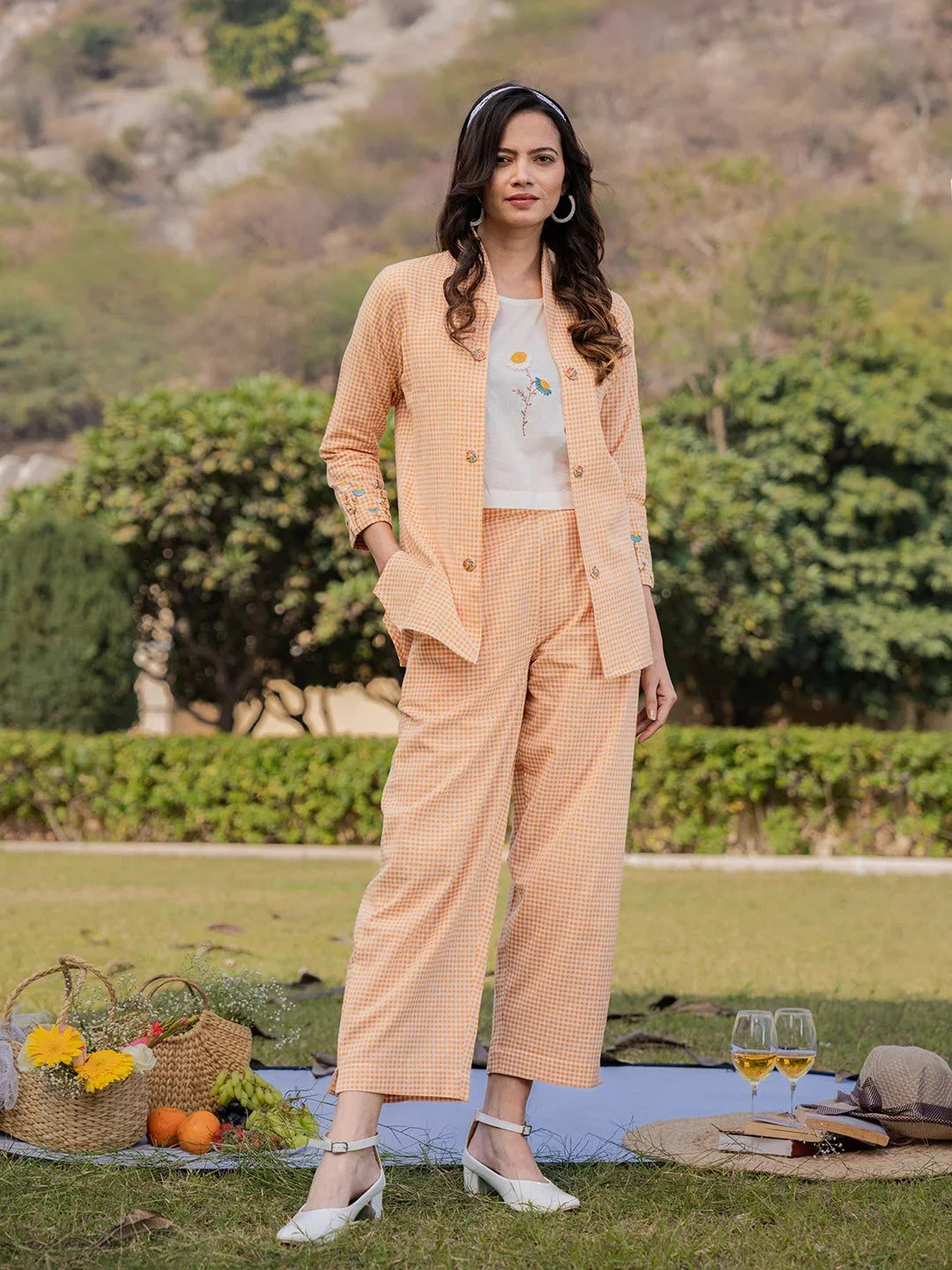 Yufta Weaved Cotton Checks Printed Co Ord Set With Embroidery - Swadesiicart
