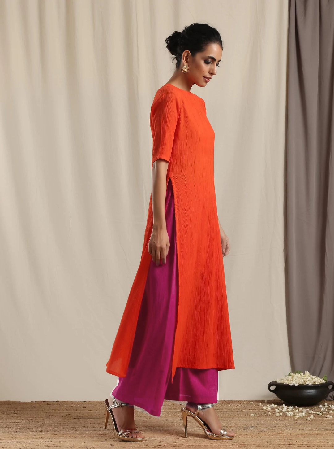 trueBrowns Orange Crinkle Slit Kurta Pant Set | Swadesiicart