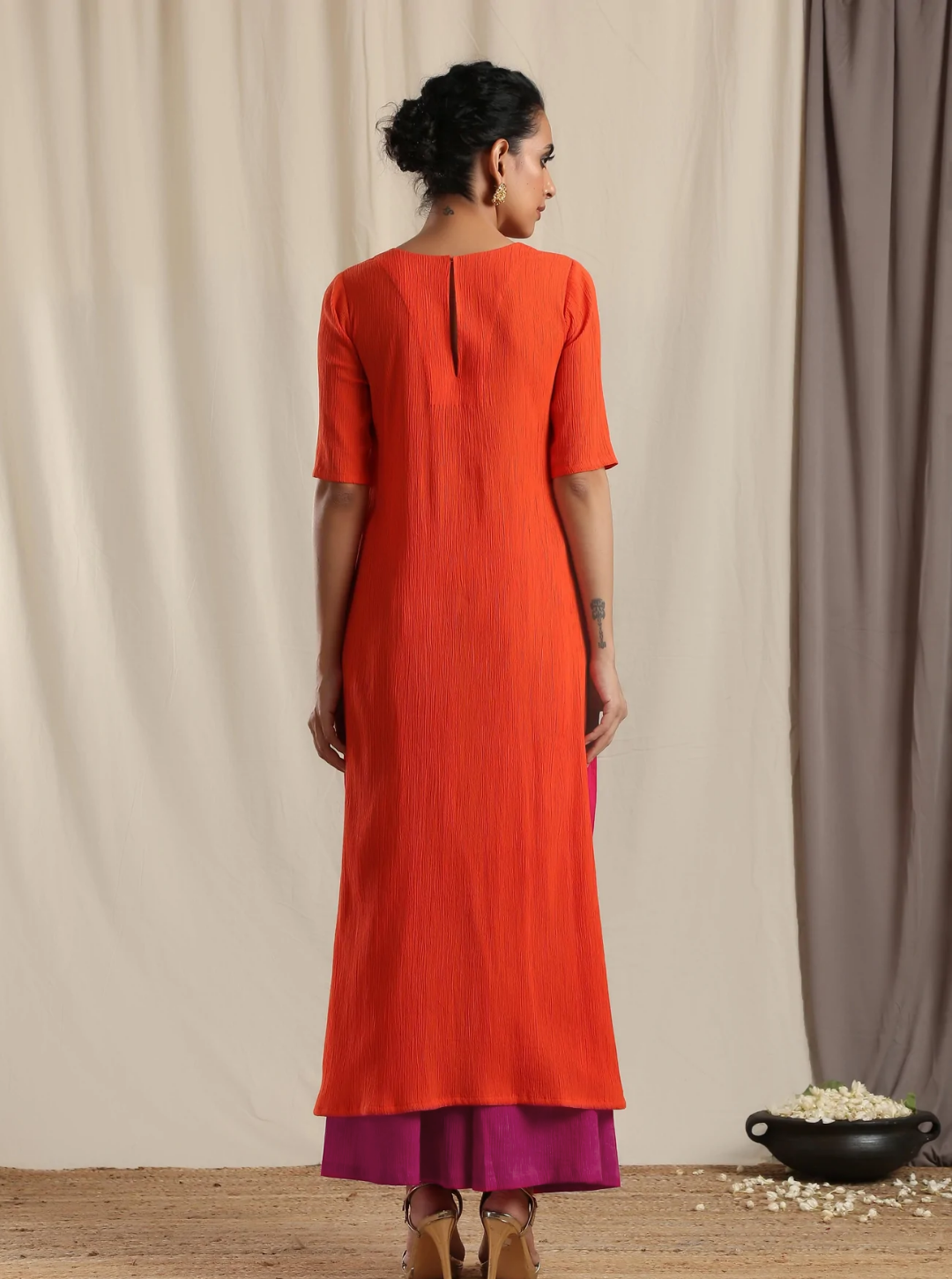 trueBrowns Orange Crinkle Slit Kurta Pant Set Relove | Swadesiicart