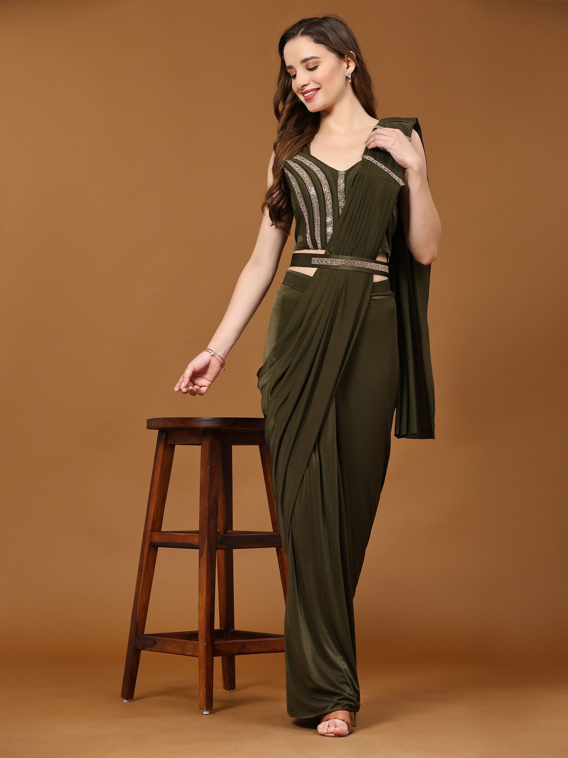 Green Polyester Solid Ready to Wear Saree with stitched Blouse - Nita | Swadesiicart