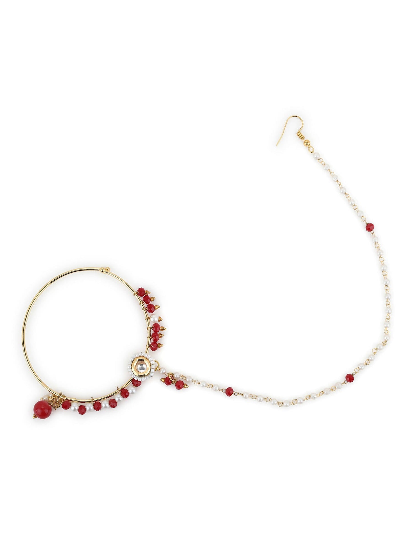 White Red Gold-Polished Kundan-Studded Beaded Nosepin - Ruby Raang | Swadesiicart