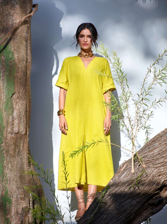 trueBrowns Lime Cotton Front Slit Dress | Swadesiicart