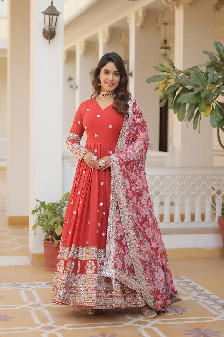 Jyoti Fashion Women's Orange Faux Georgette Sequins Zari Embroideredy Anarkali Dress with Dupatta | Swadesiicart