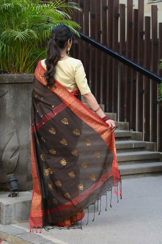 Beatitude Brown Cotton Banarasi Saree | Swadesiicart