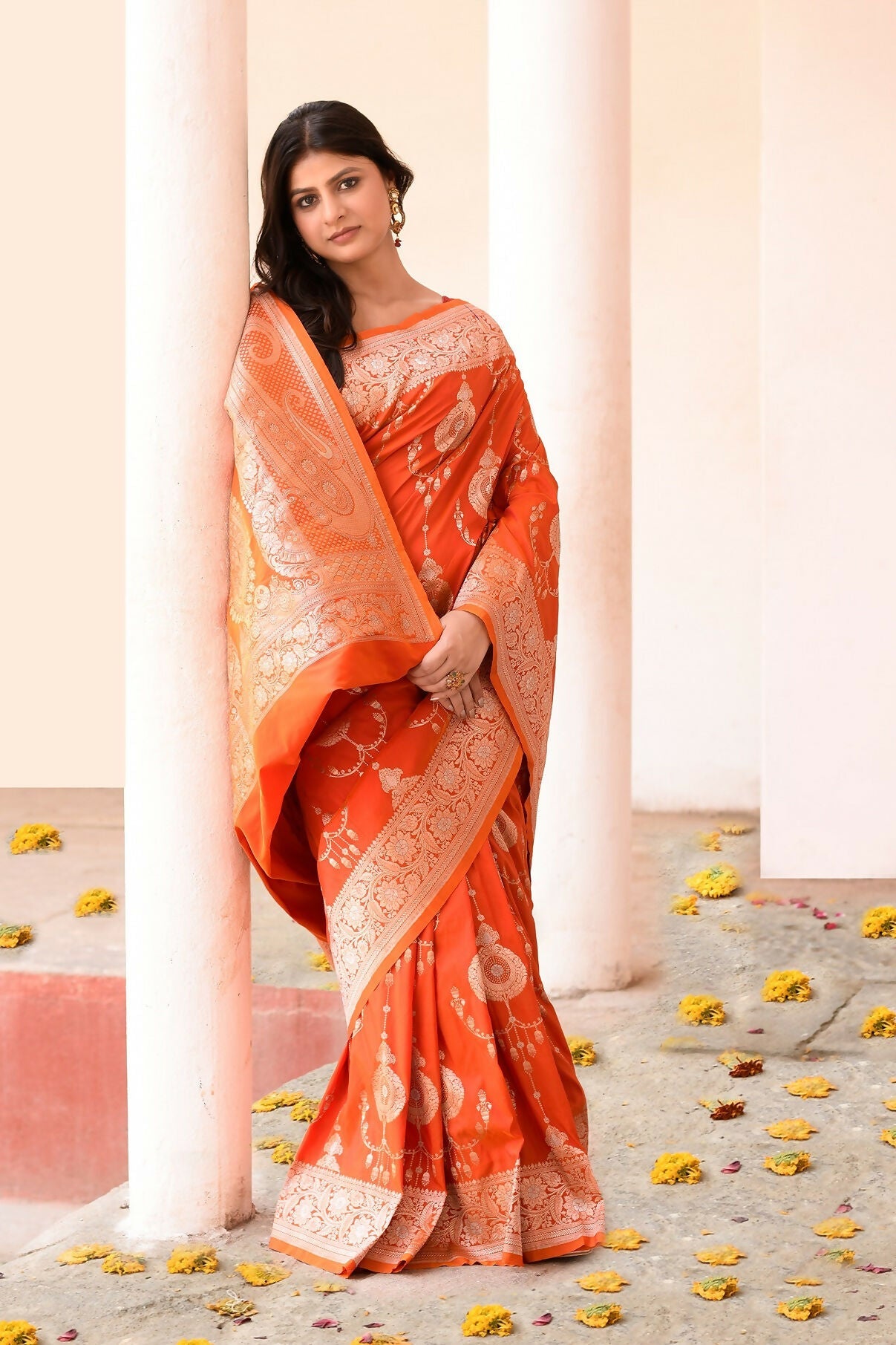 Joban Fashion Orange Banarasi Soft Pure Handloom Banarasi Silk Saree | Swadesiicart