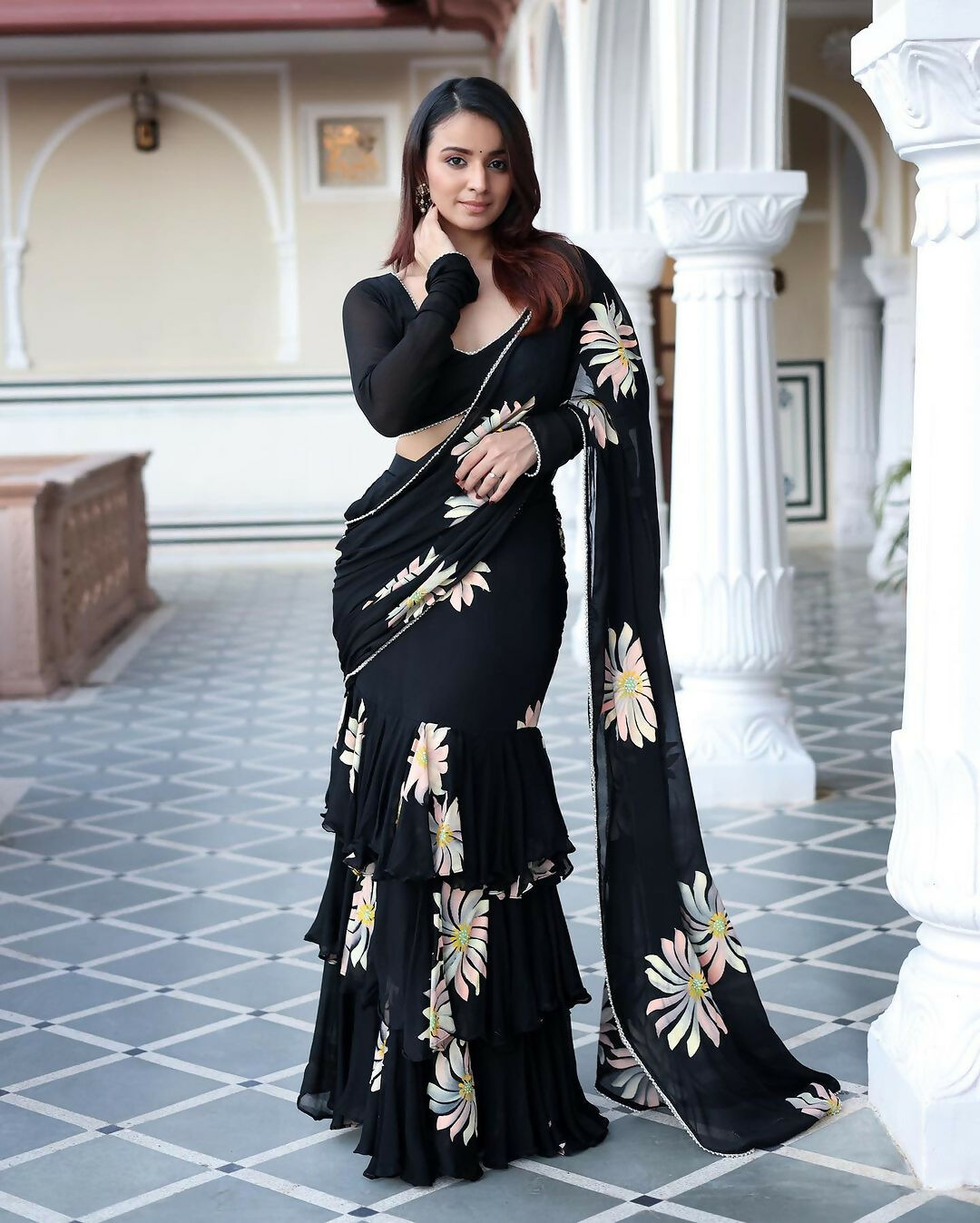 Exclusive Collection Black Party Wear Ruffle Georgette Saree - Swadesiicart