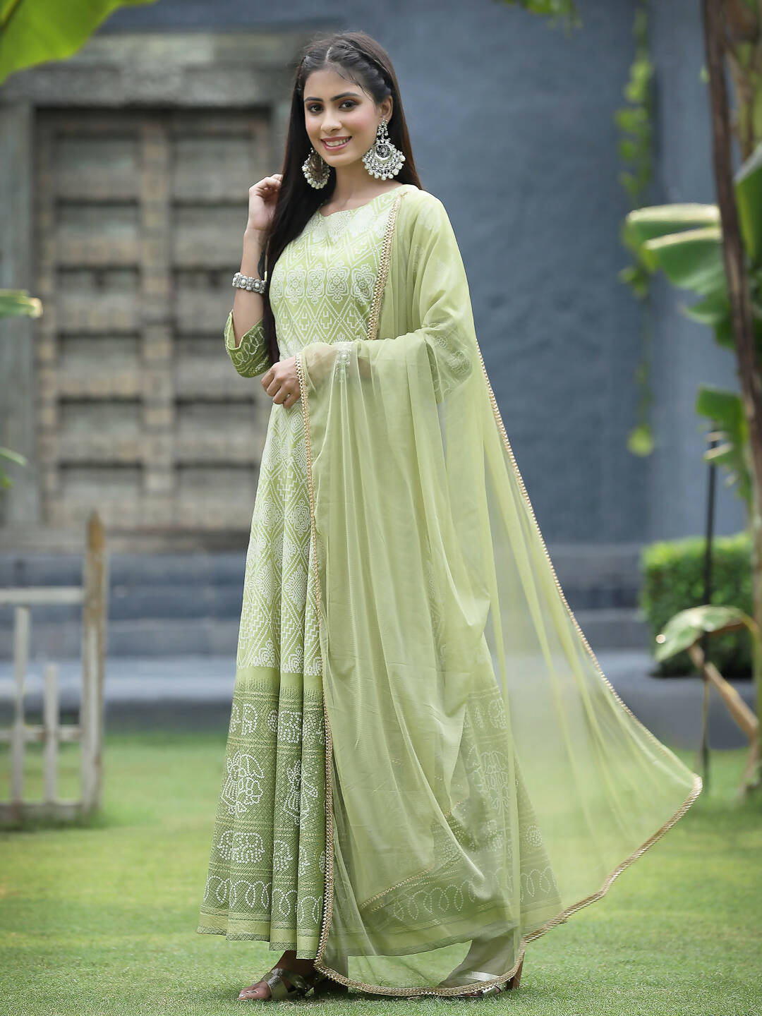 Juniper Green Santoon Slub Festive Foil Print Straight Lehnga Choli Set For Women | Swadesiicart