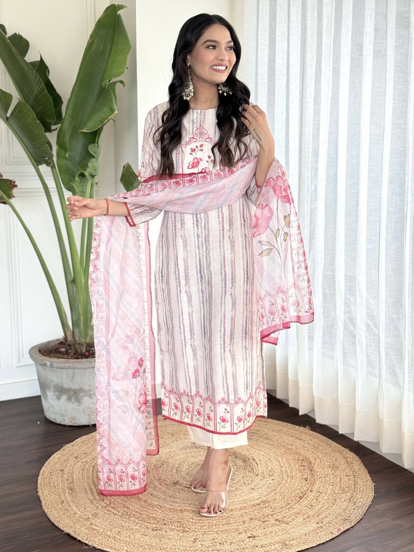 White Multi Viscose Chanderi Stitched Suit With Dupatta - Tanisha | Swadesiicart