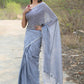 Very Much Indian Designer Pure Cotton Saree With All Over Linear Stripes - Sage Grey | Swadesiicart
